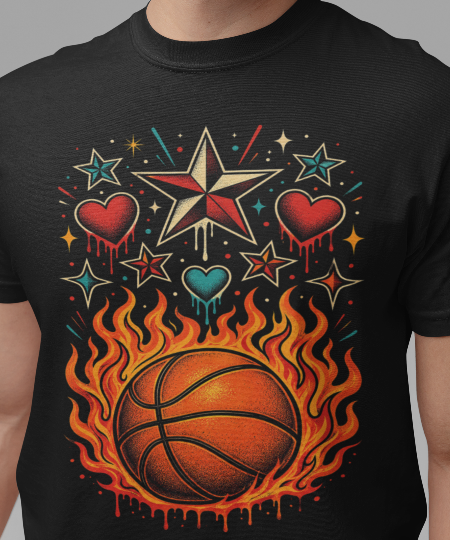 Flaming Basketball Gildan Softstyle Adult Unisex Tee, Retro Tattoo Aesthetic Stars &amp; Hearts Graphic T-Shirt, Hoops Lovers