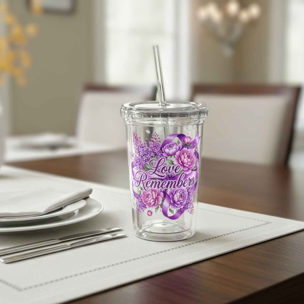 Acrylic Tumbler — 'Love Remembers' Floral Memorial Cup for Alzheimer's Awareness, Purple Peonies &amp; Lilacs