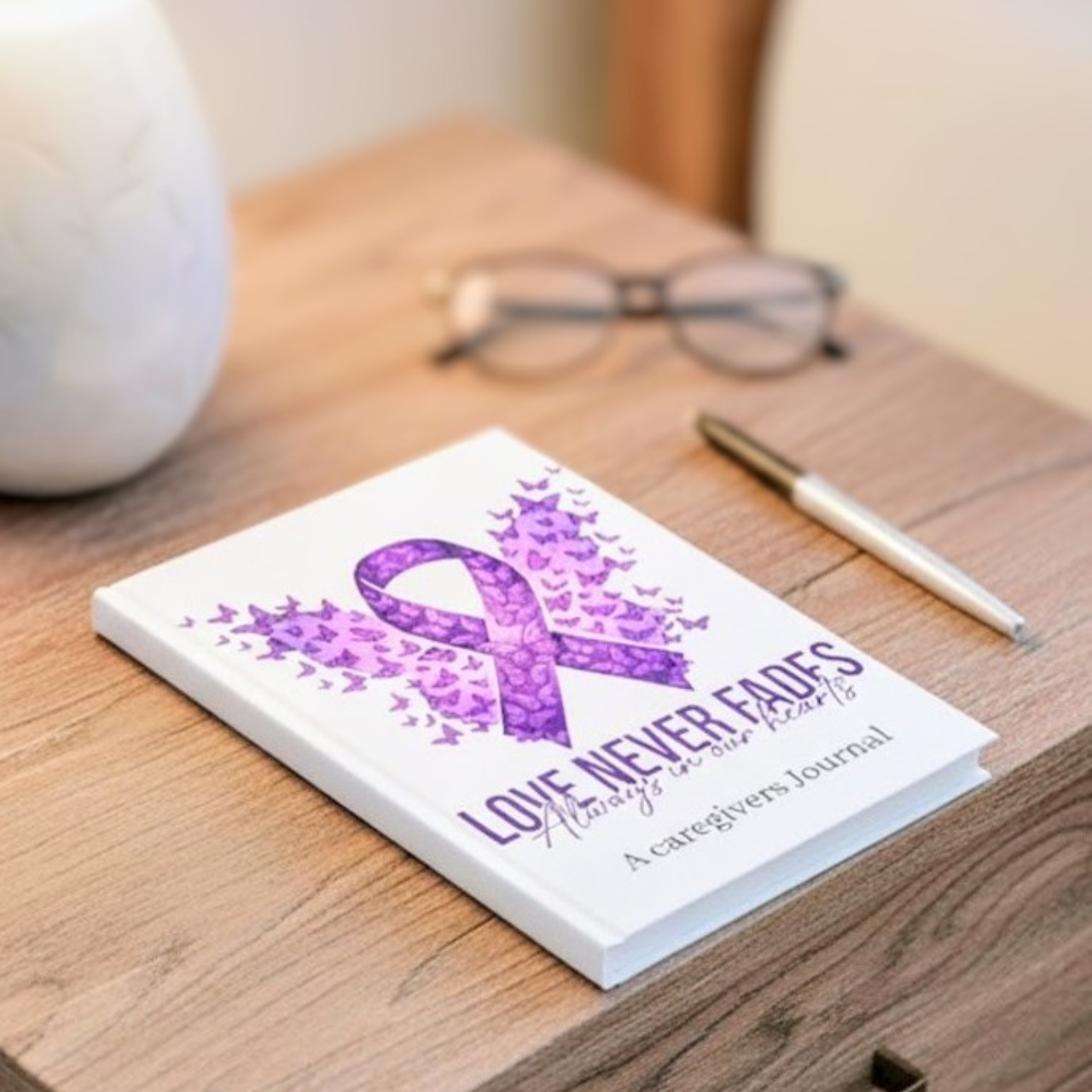 Caregiver Journal — "Love Never Fades" Purple Ribbon Memory Notebook