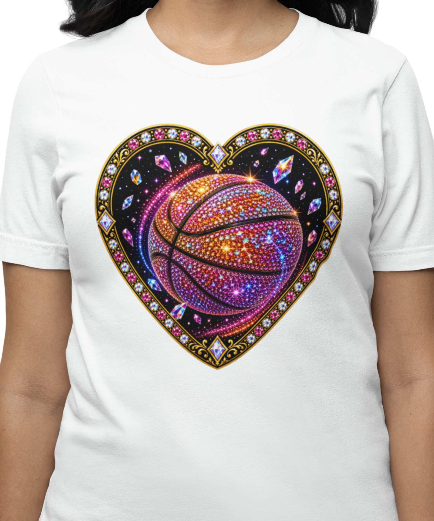 "Sparkling Bedazzled" Heart Look Basketball Bella+Canvas Adult Unisex T-shirt, "Rhinestone" Glam Aesthetic, Hoops Lover, Women's Basketball Gift product thumbnail image