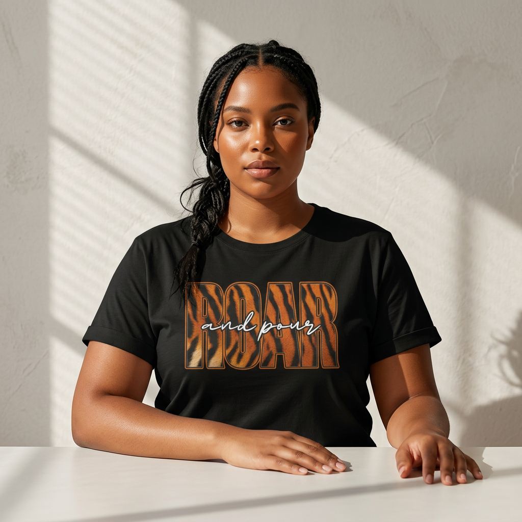 Roar Tiger Print and Pour Tee | Bible Verse Revelation 19:6 Back - Sister Sala Fund Raiser 