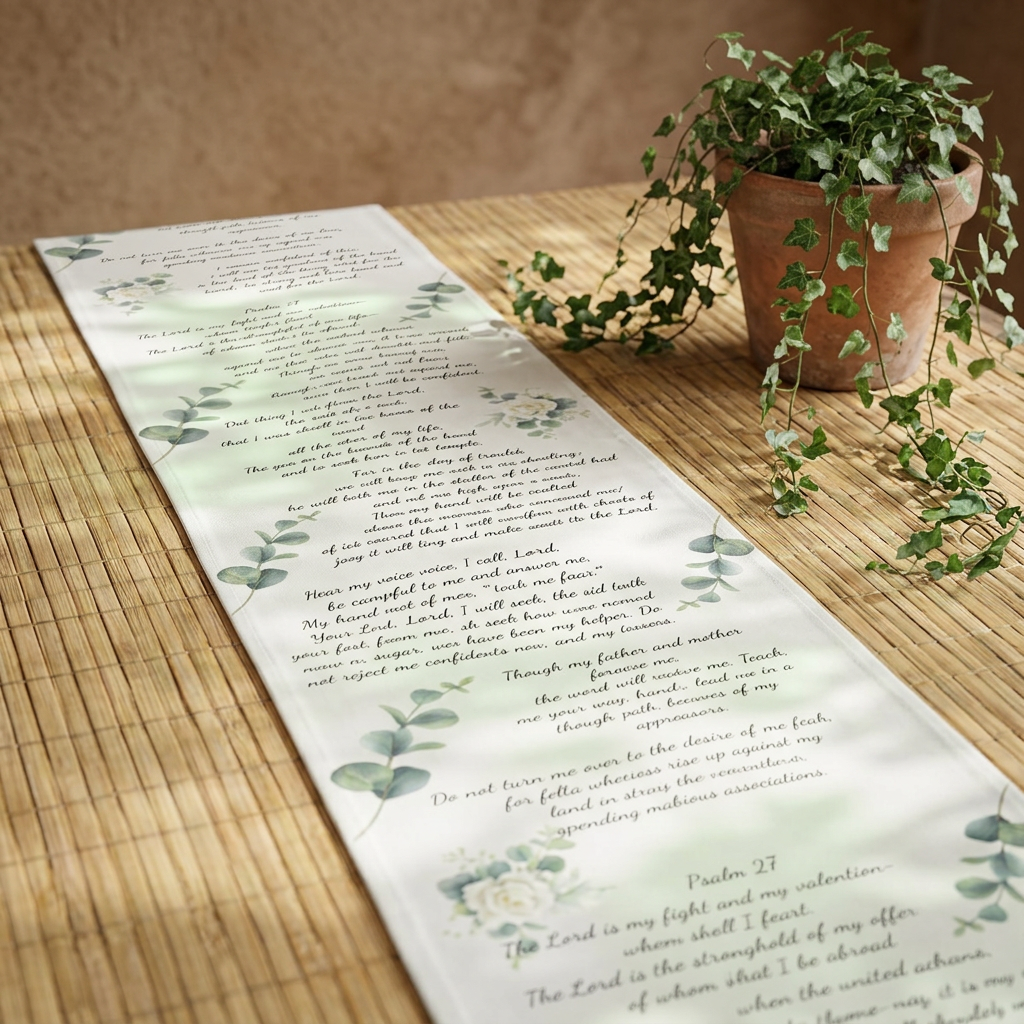 Psalm 27 Botanical Table Runner — Elegant Inspirational Dining Decor for Weddings &amp; Gifts