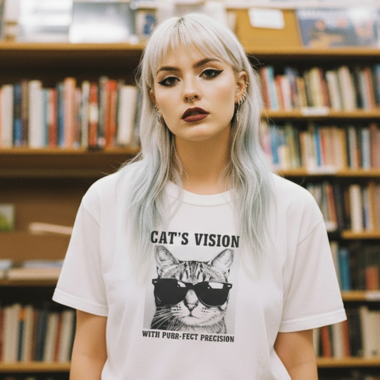 Cat's Vision Tee — Retro Sunglasses Cat Shirt with “With Purr-fect Precision”