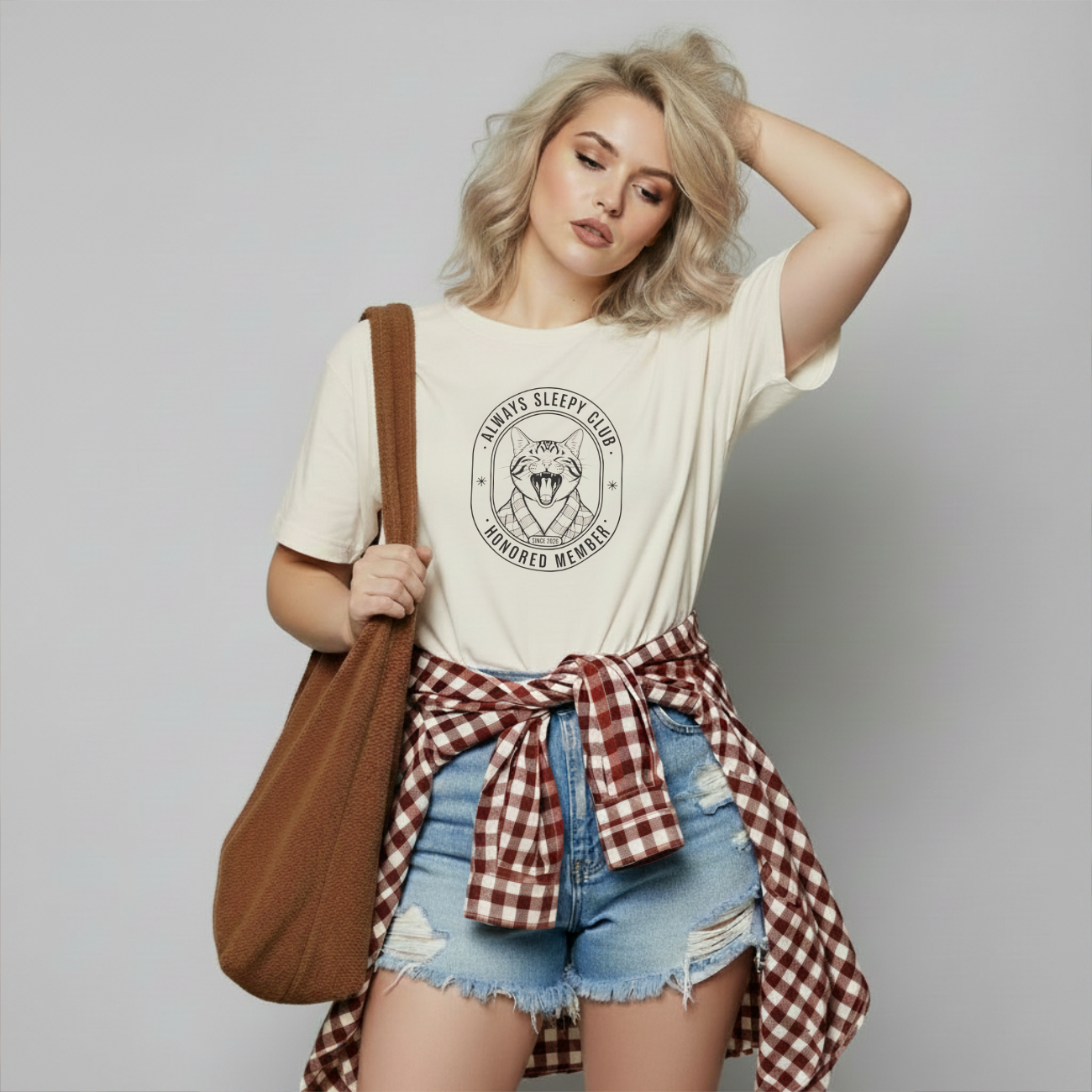 Always Sleepy Club Cat Tee — Yawning Cat Retro Badge Shirt product thumbnail image Always Sleepy Club Cat Tee — Yawning Cat Retro Badge Shirt product thumbnail image