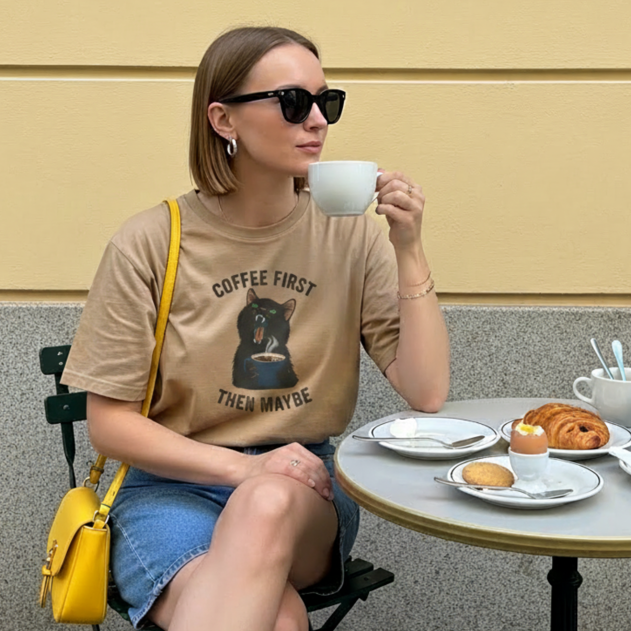 Coffee First Then Maybe T-Shirt — Funny Black Cat Coffee Tee product thumbnail image