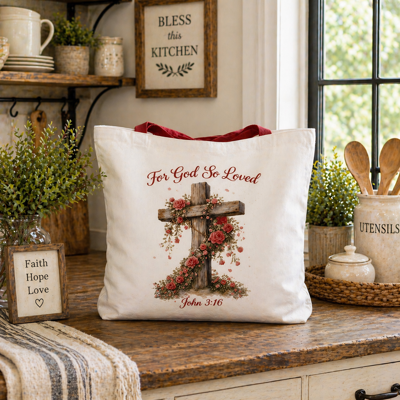 For God So Loved Tote Bag | John 3:16 Christian Floral Cross Tote product thumbnail image