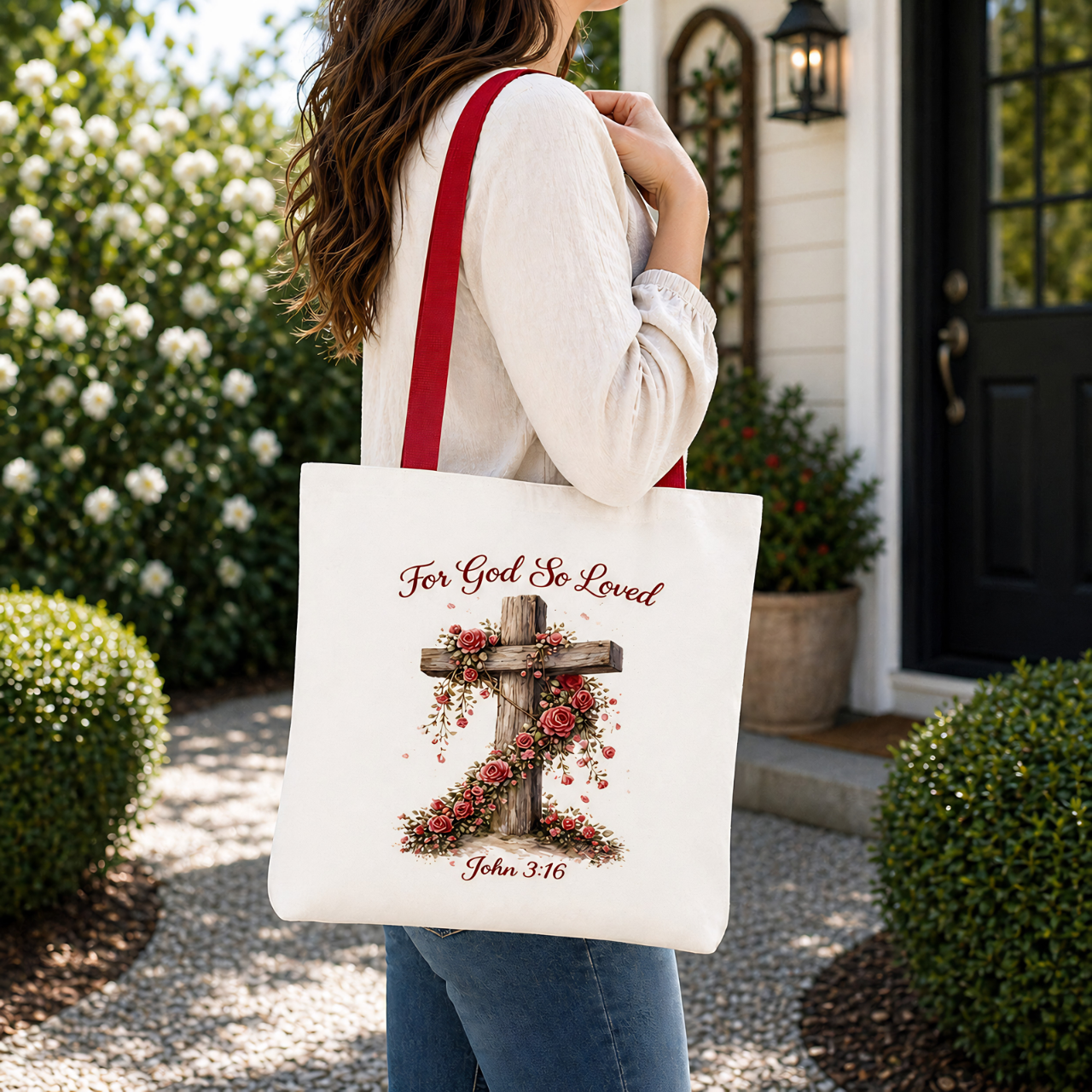 For God So Loved Tote Bag | John 3:16 Christian Floral Cross Tote product thumbnail image
