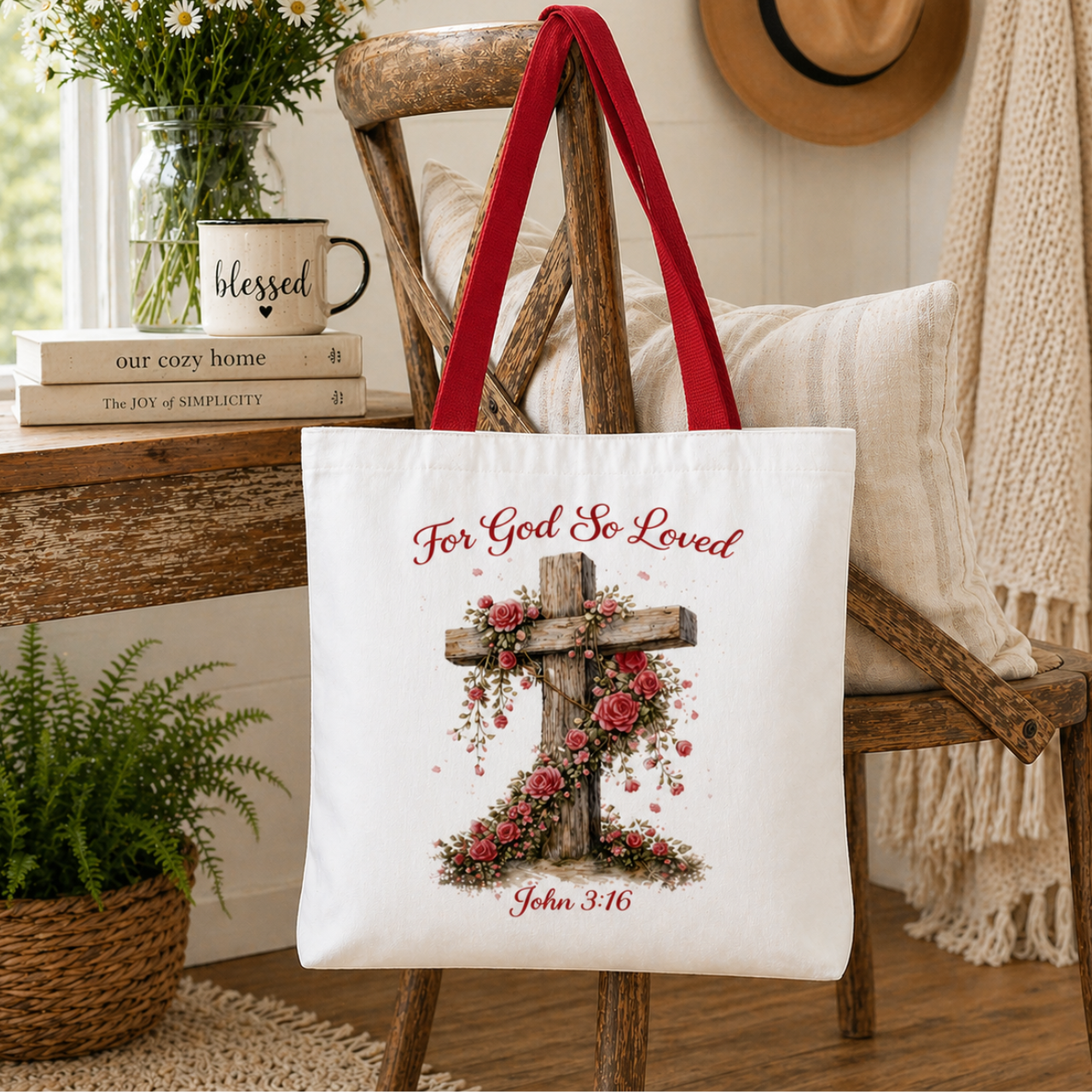 For God So Loved Tote Bag | John 3:16 Christian Floral Cross Tote product thumbnail image