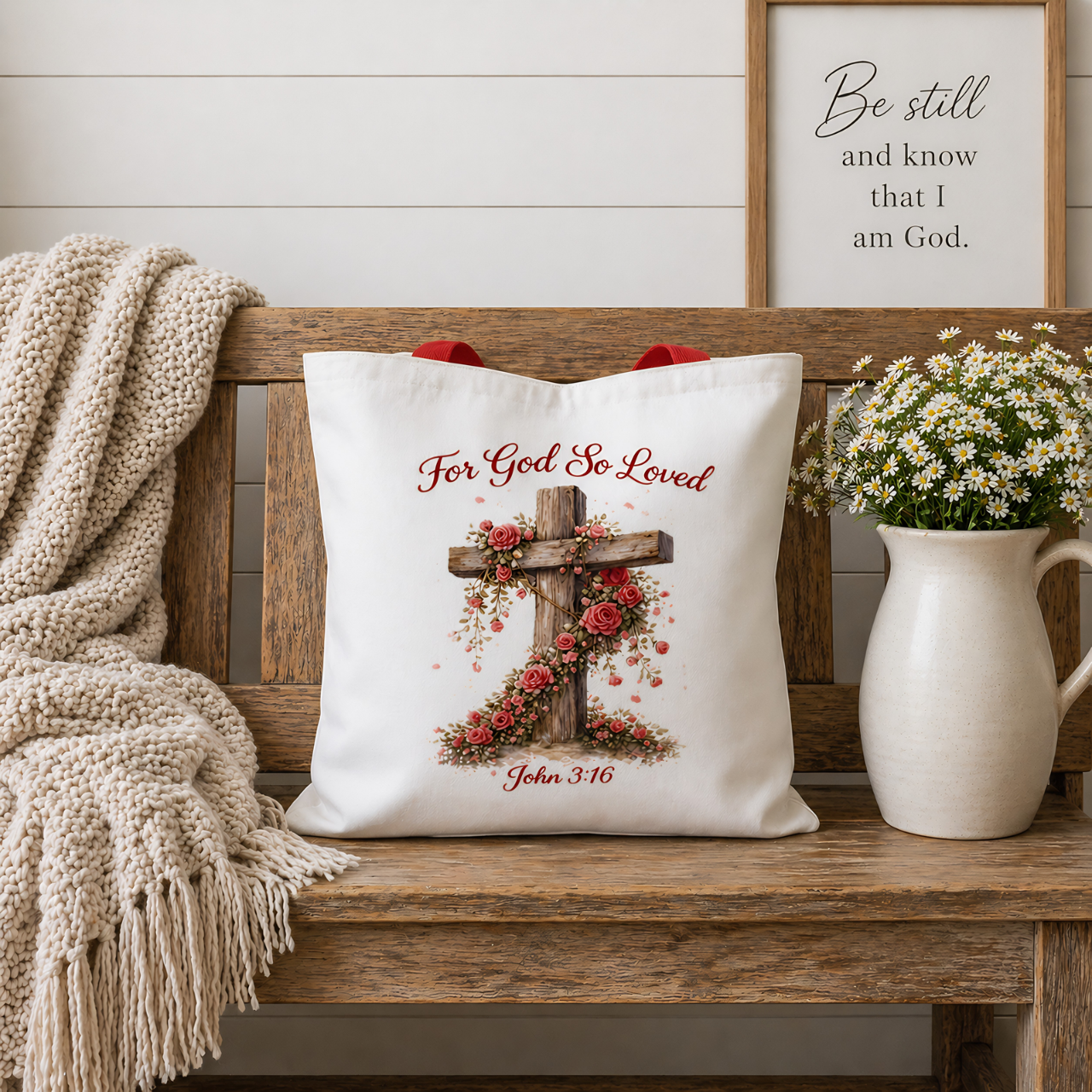 For God So Loved Tote Bag | John 3:16 Christian Floral Cross Tote product thumbnail image For God So Loved Tote Bag | John 3:16 Christian Floral Cross Tote product thumbnail image