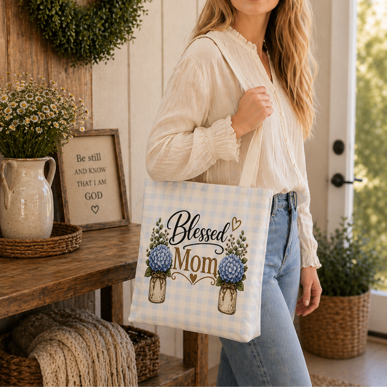 Blessed Mom Hydrangea Mason Jar Tote Bag | Floral Faith Gift for Mom product thumbnail image Blessed Mom Hydrangea Mason Jar Tote Bag | Floral Faith Gift for Mom product thumbnail image