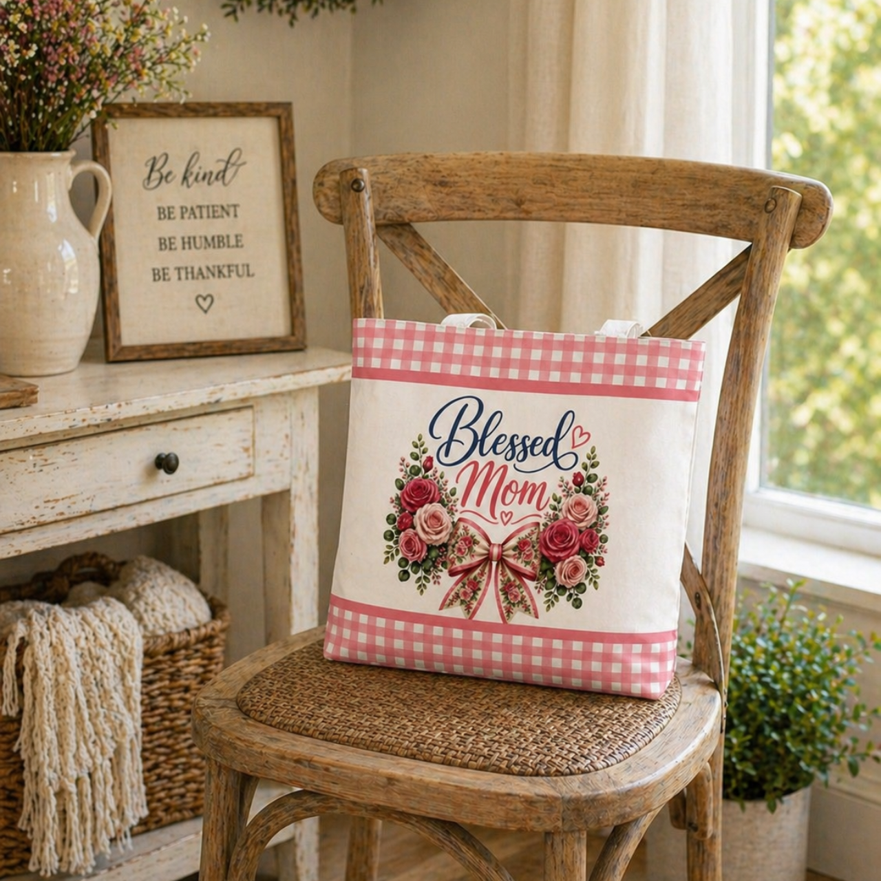 Blessed Mom Roses Tote | Pink Gingham Bag product thumbnail image