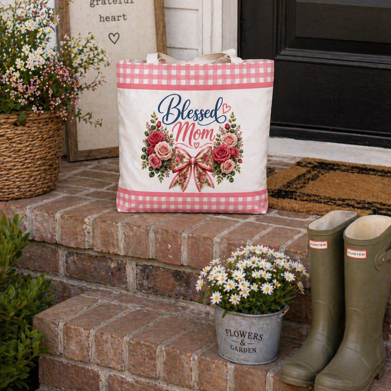 Blessed Mom Roses Tote | Pink Gingham Bag product thumbnail image