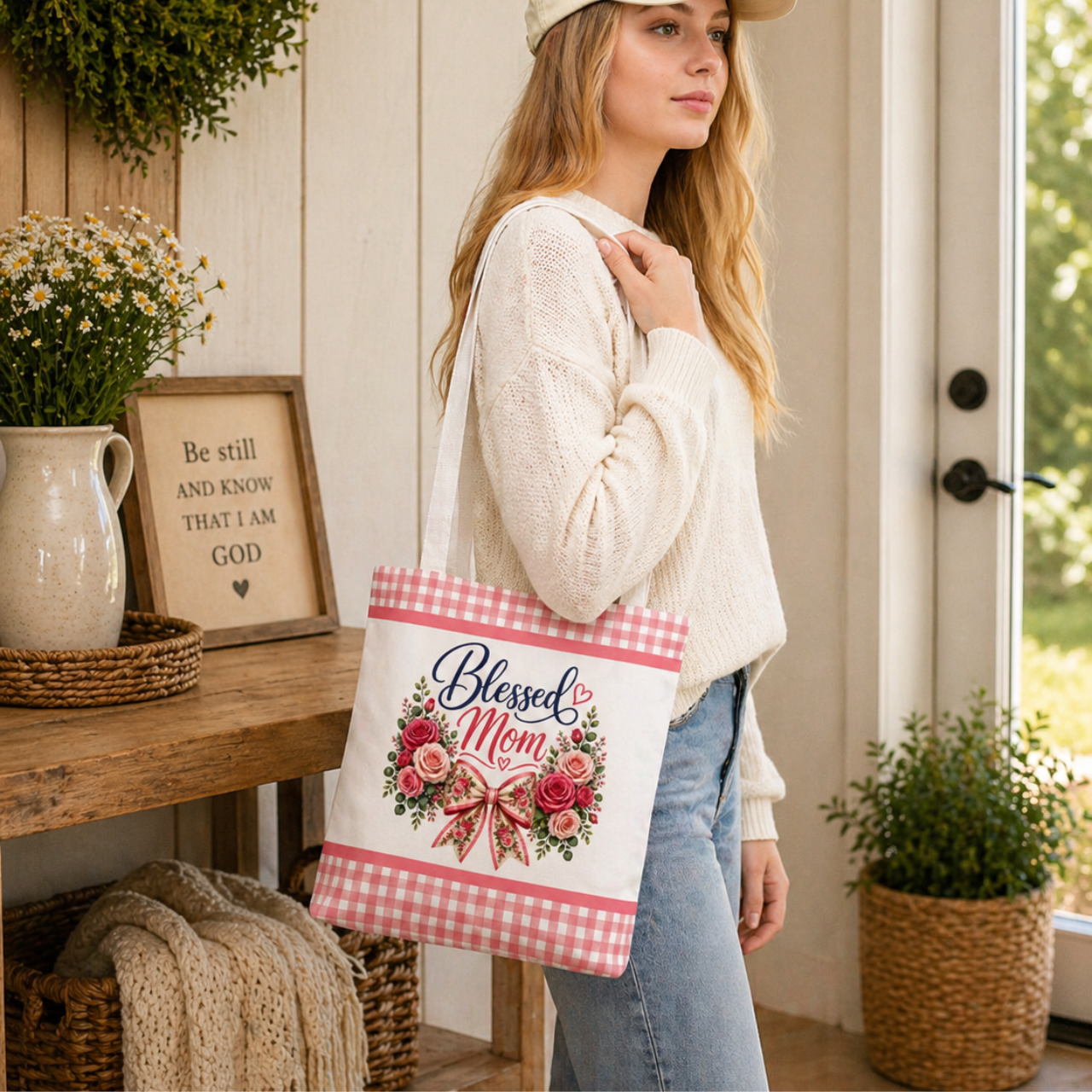 Blessed Mom Roses Tote | Pink Gingham Bag product thumbnail image