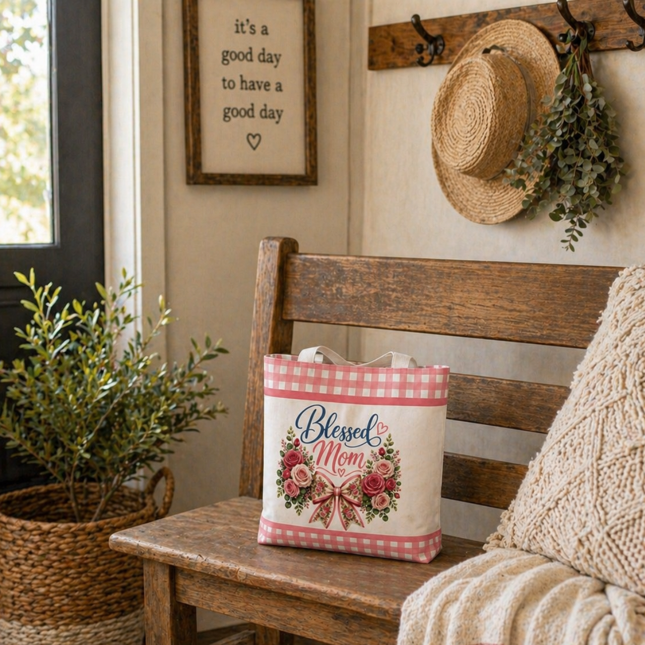 Blessed Mom Roses Tote | Pink Gingham Bag product thumbnail image