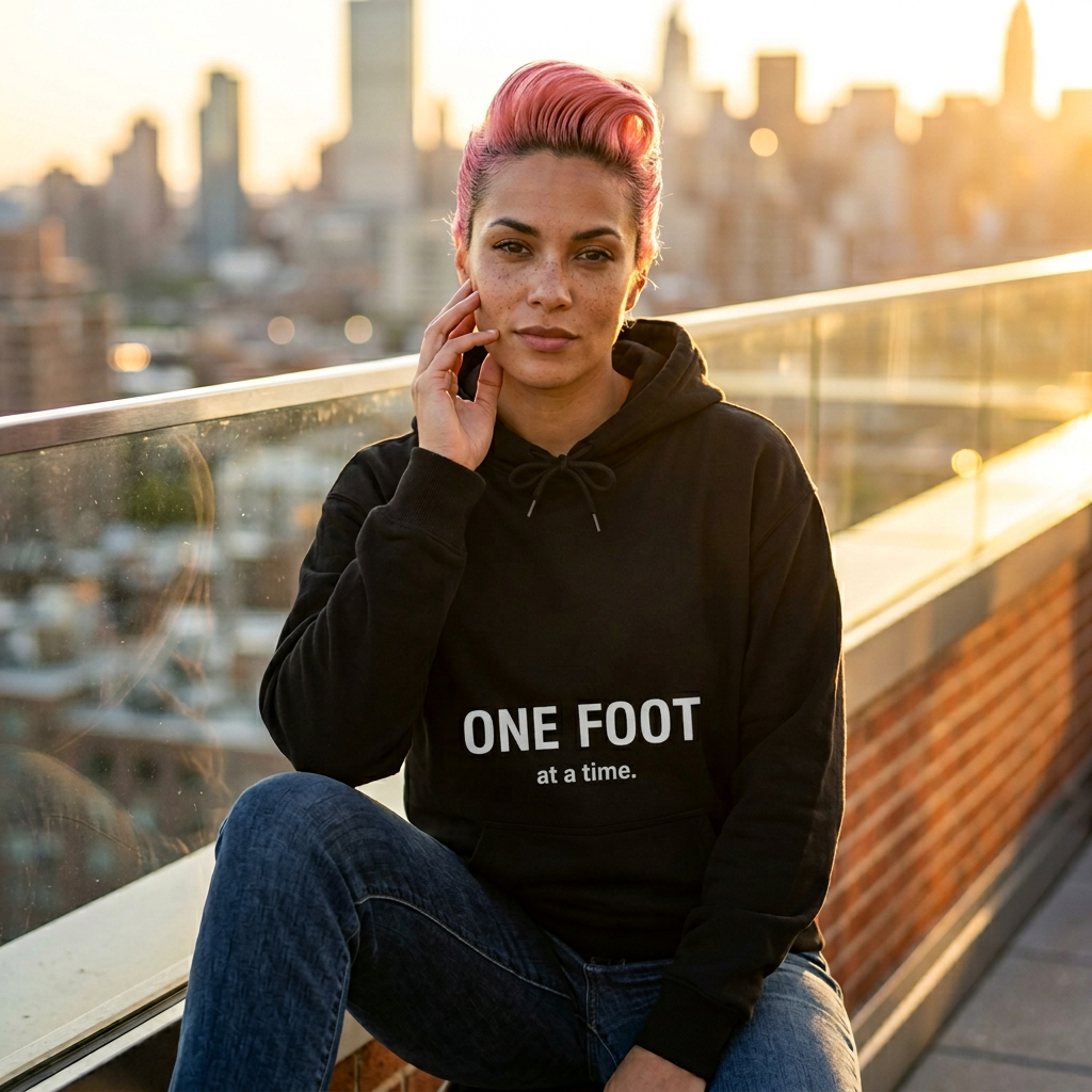 One Foot at a Time Hoodie — black hoodie, front: ONE FOOT at a time.
