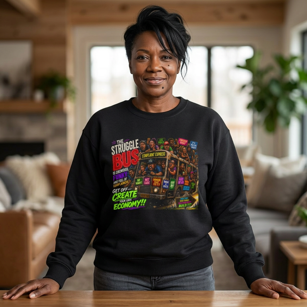 Struggle Bus Crewneck Sweatshirt – “Get Off & Create Your Own Economy” | Motivational Streetwear | Bold Mindset Graphic | LifeCoachDesigns.shop product thumbnail image Struggle Bus Crewneck Sweatshirt – “Get Off & Create Your Own Economy” | Motivational Streetwear | Bold Mindset Graphic | LifeCoachDesigns.shop product thumbnail image