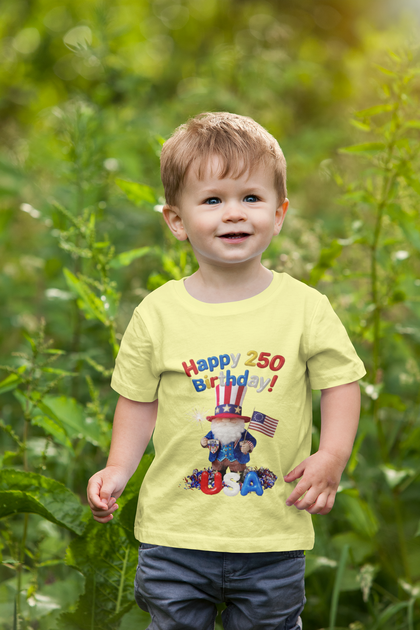 USA 250 Birthday Toddler Tee — Patriotic Uncle Sam Gnome with 'Yankee Doodle Dandy' Fourth of July Lyrics