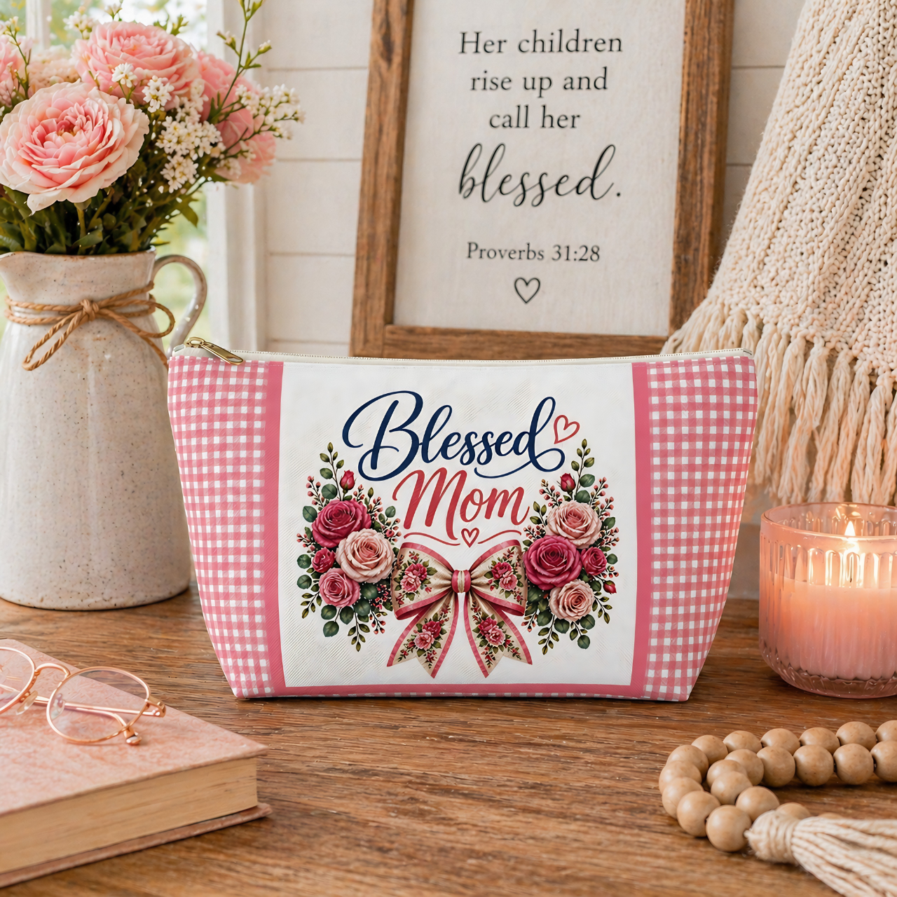 Blessed Mom Roses Pouch | Pink Gingham Makeup Bag product thumbnail image