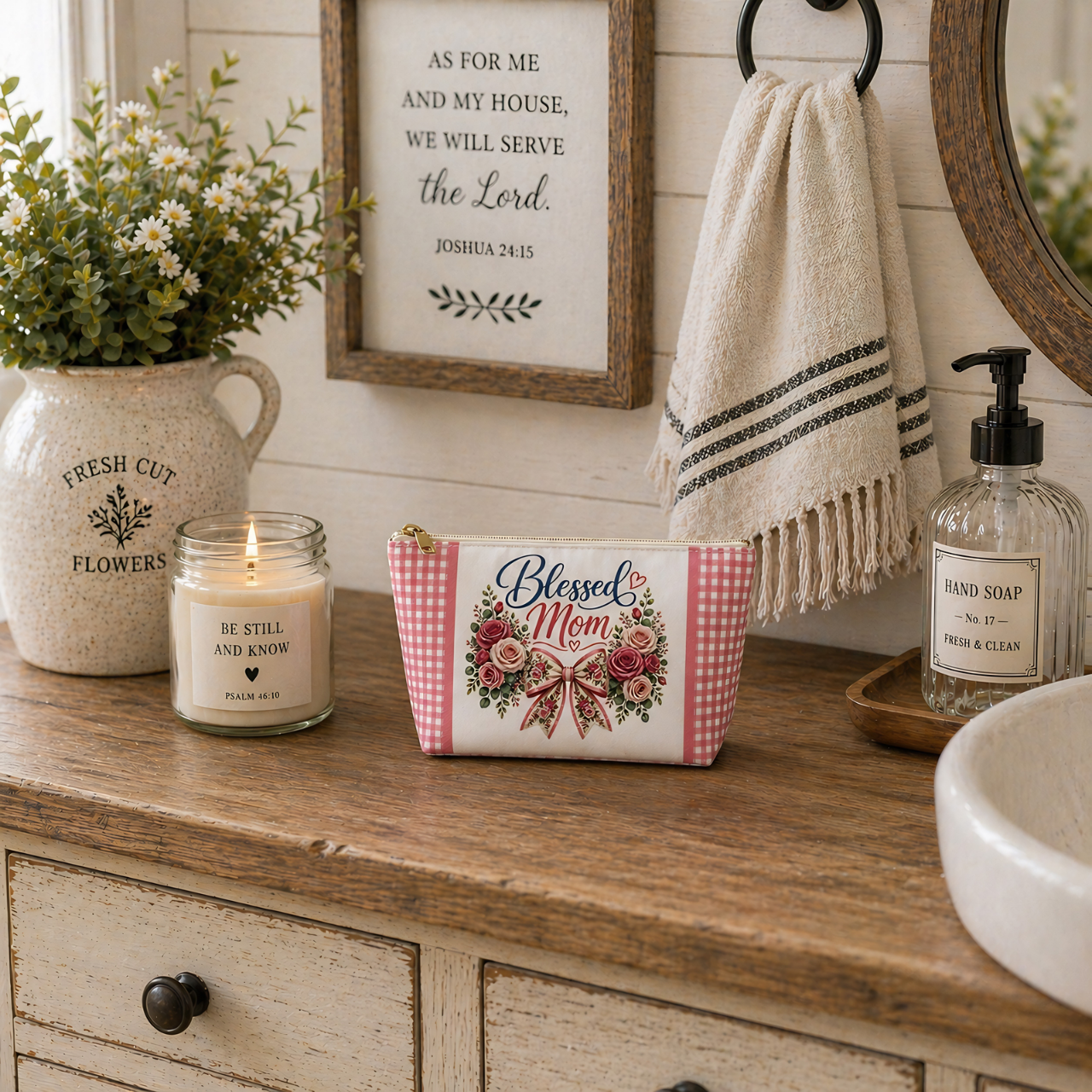 Blessed Mom Roses Pouch | Pink Gingham Makeup Bag product thumbnail image Blessed Mom Roses Pouch | Pink Gingham Makeup Bag product thumbnail image