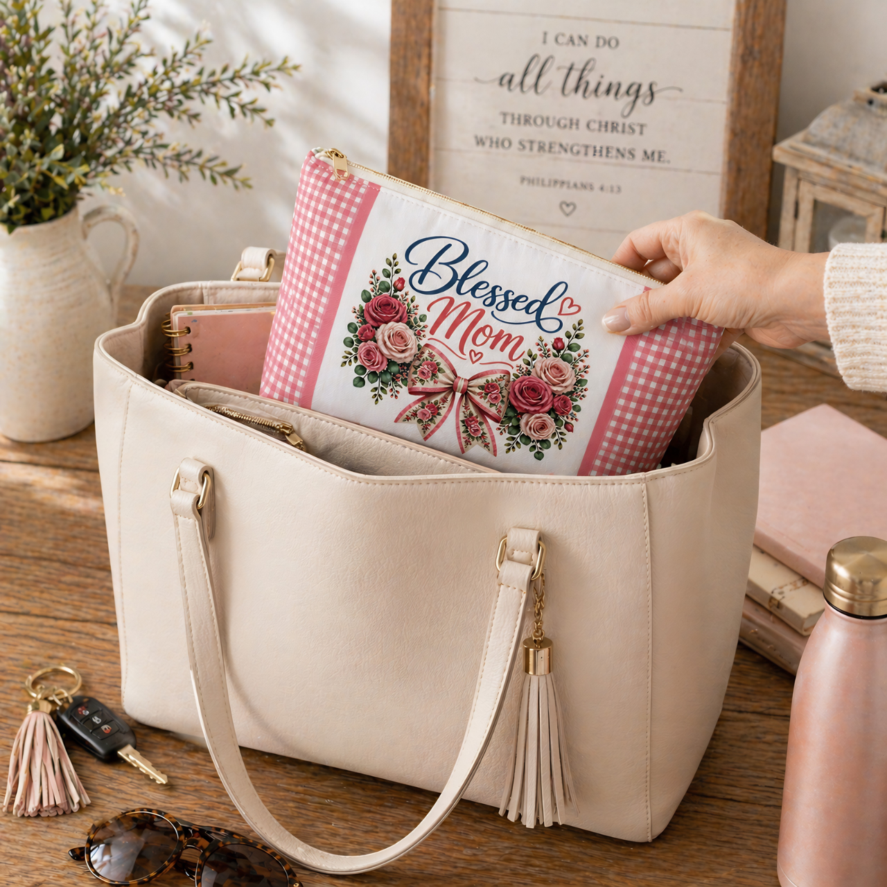 Blessed Mom Roses Pouch | Pink Gingham Makeup Bag product thumbnail image Blessed Mom Roses Pouch | Pink Gingham Makeup Bag product thumbnail image
