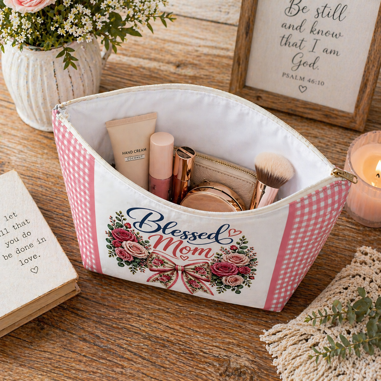 Blessed Mom Roses Pouch | Pink Gingham Makeup Bag product thumbnail image
