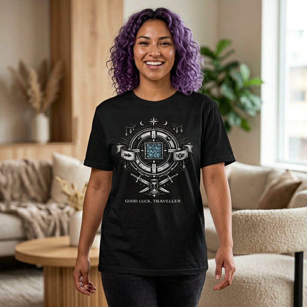 Leaving Traveller QR Tee — Interactive Futuristic Graphic T-Shirt product thumbnail image Leaving Traveller QR Tee — Interactive Futuristic Graphic T-Shirt product thumbnail image