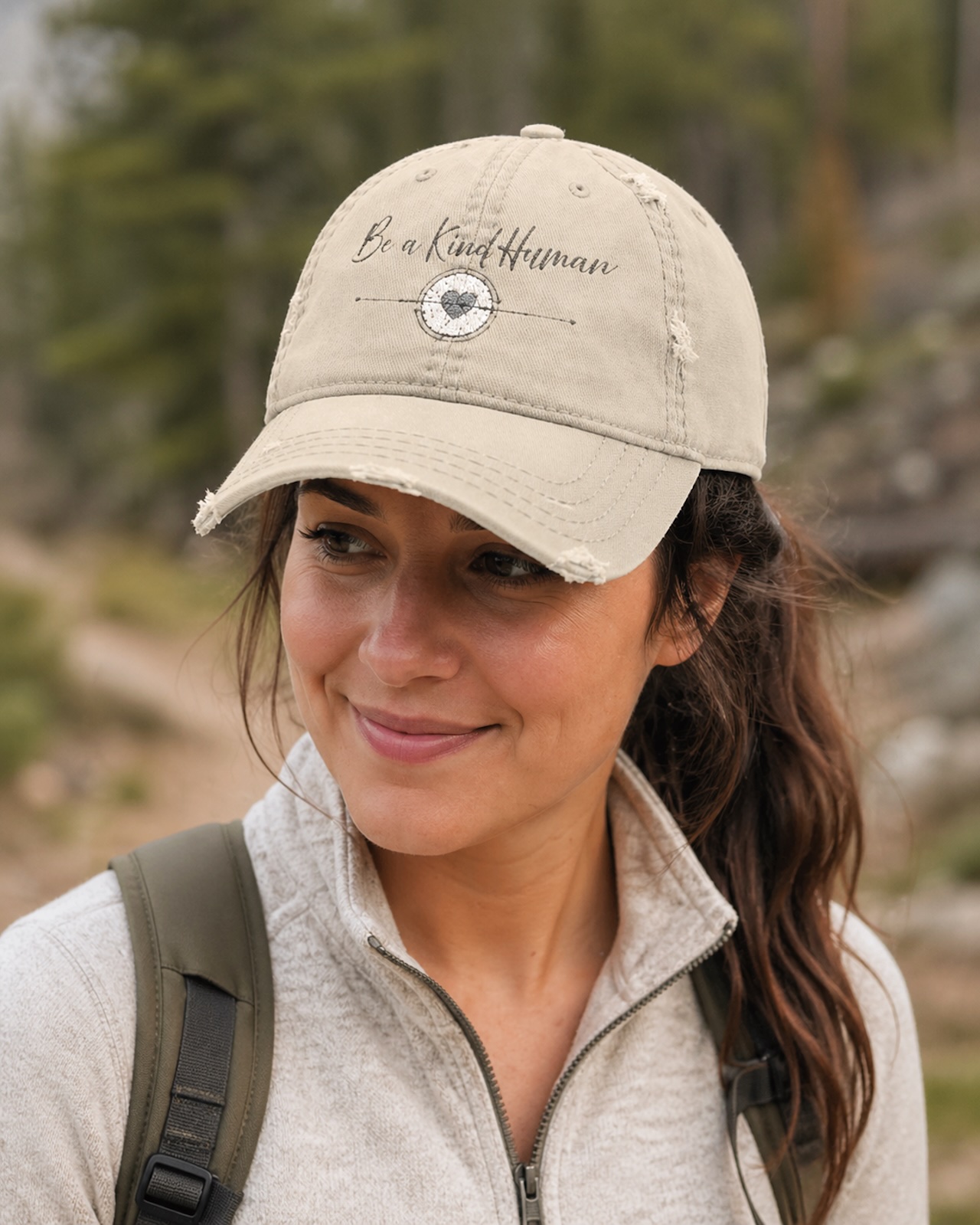 Be a Kind Human Distressed Hat, Kindness Embroidered Baseball Cap, Neutral Vintage Style Cap, Adjustable Cotton Twill Hat