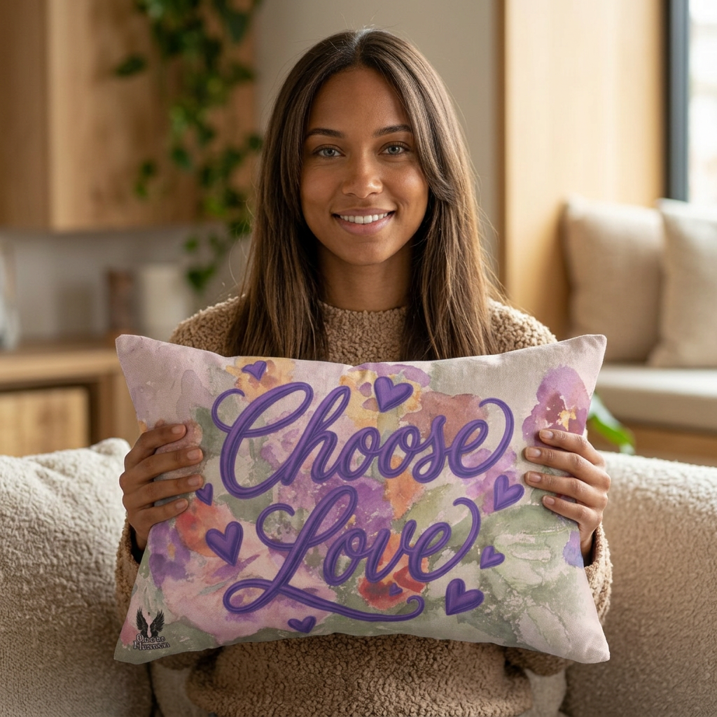 Lumbar Pillow — 'Choose Love' Watercolor Floral Accent product thumbnail image Lumbar Pillow — 'Choose Love' Watercolor Floral Accent product thumbnail image