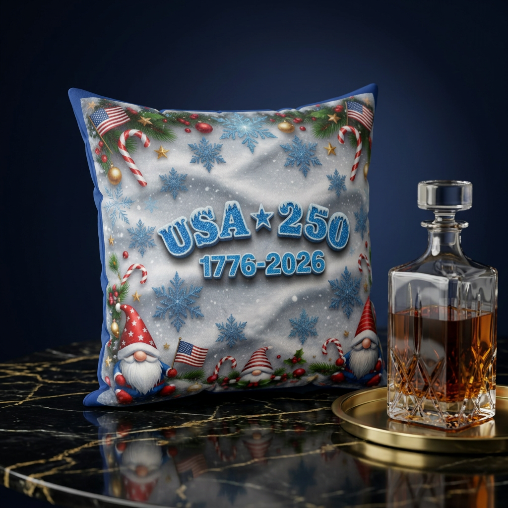 Patriotic Christmas Gnome Throw Pillow - USA 250, 1776-2026 (icy blue) product thumbnail image