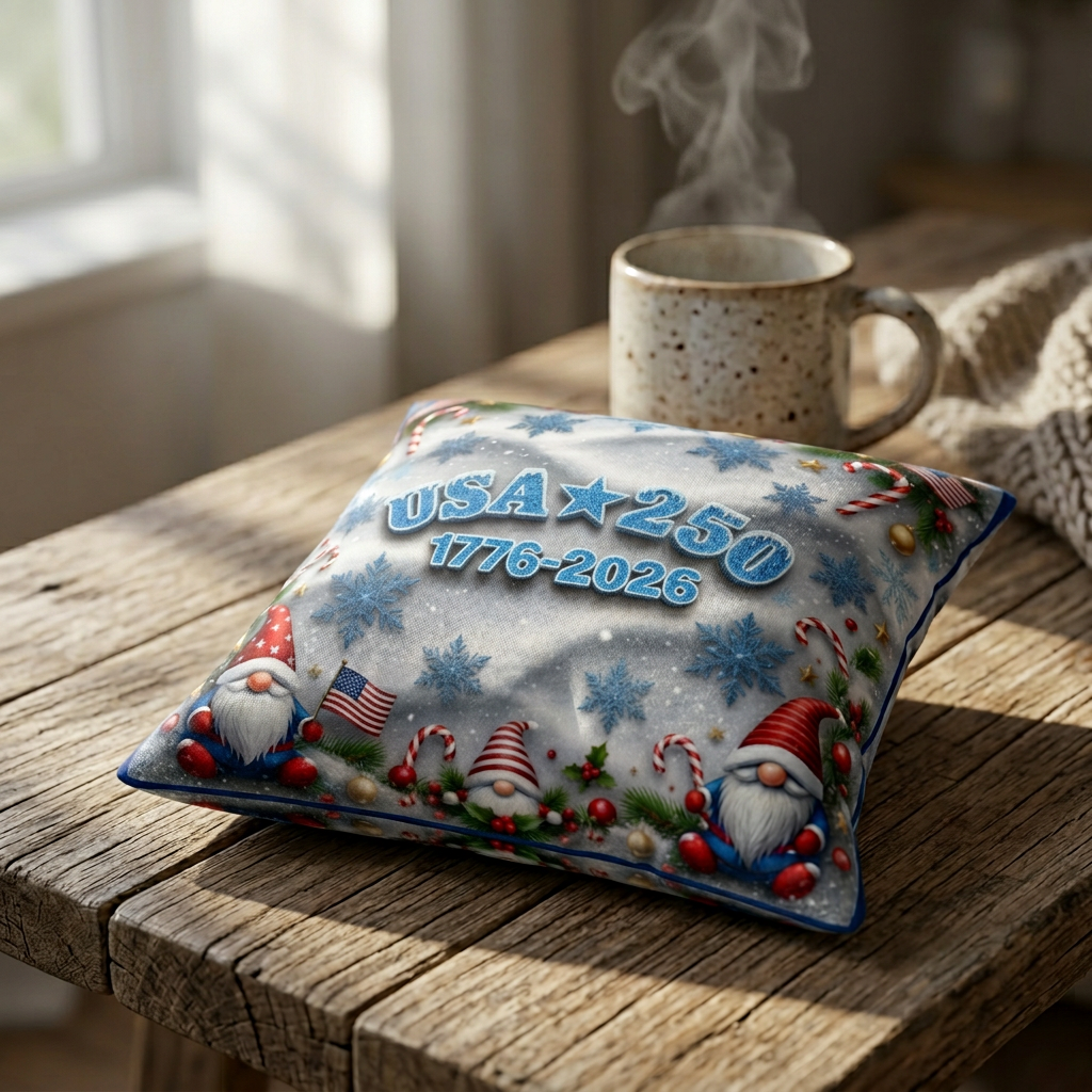 Patriotic Christmas Gnome Throw Pillow - USA 250, 1776-2026 (icy blue) product thumbnail image