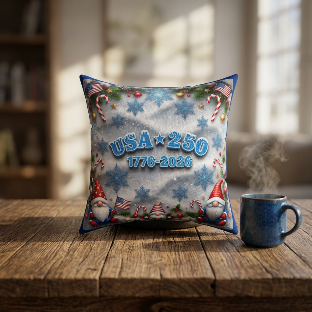 Patriotic Christmas Gnome Throw Pillow - USA 250, 1776-2026 (icy blue)