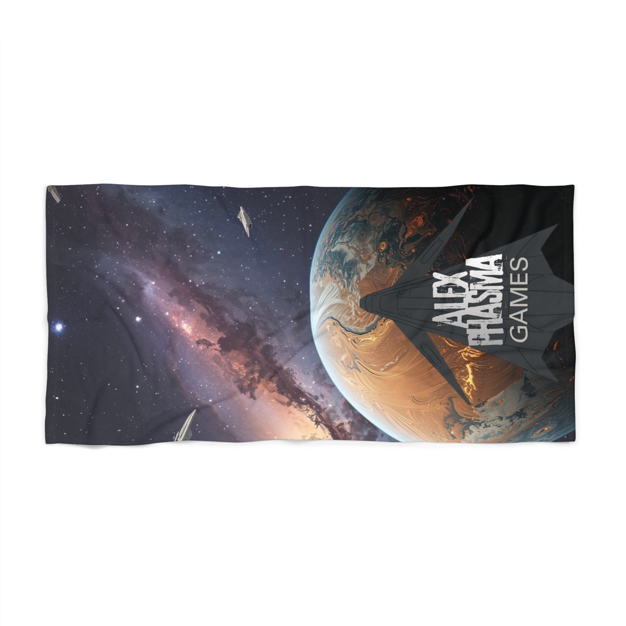 Planetary Logo Beach Towel – Space Nebula Design with 'Alex Phasma Games' Logo