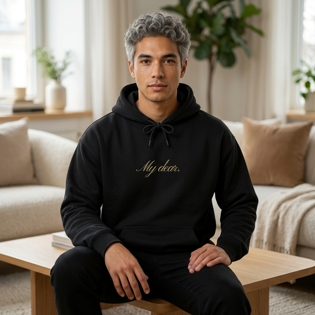 My Dear Hoodie — black hoodie with gold text, front: My dear. / back: Why the fuck not?