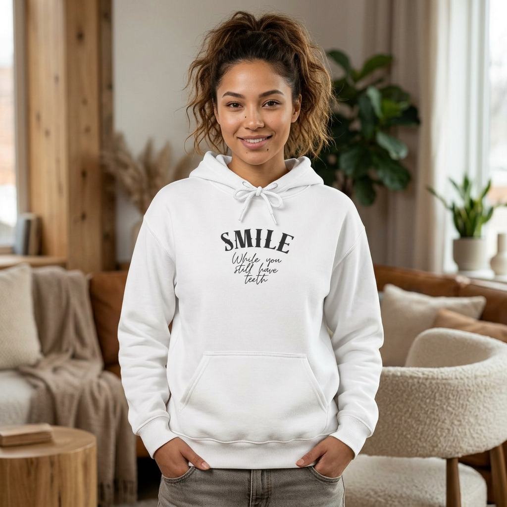 SMILE Hoodie — navy, front: SMILE. while you still have teeth / back: SMILE even if you dont