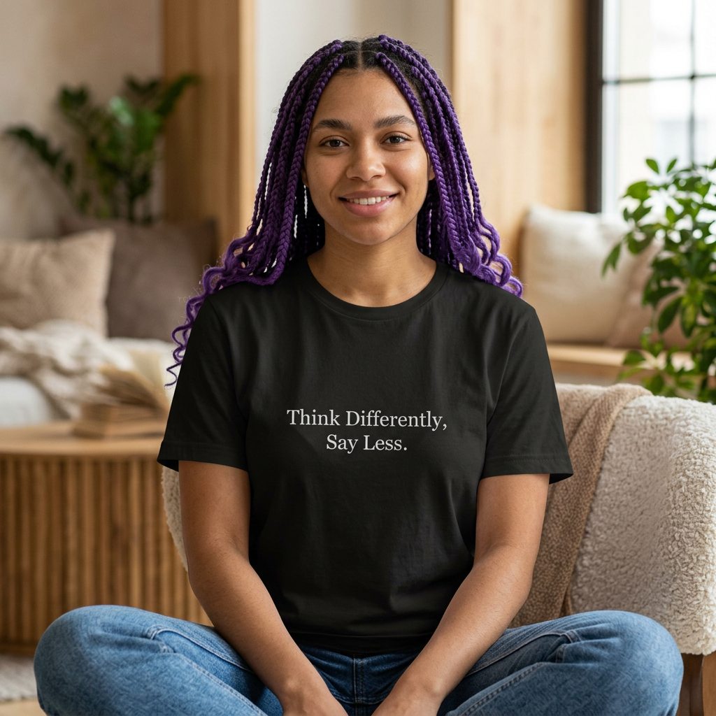 Think Differently, Say Less Tee — black crew neck, front: Think Differently, Say Less. / back: Eye of Horus