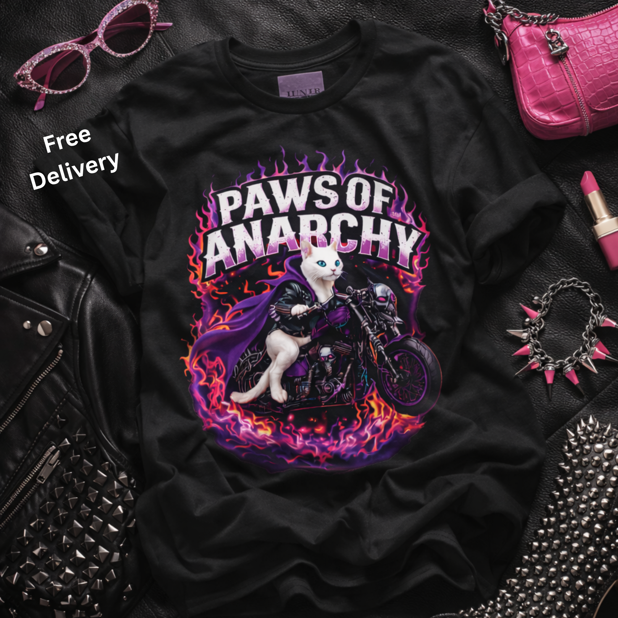 Paws of Anarchy Cat Motorcycle Graphic Tee, Punk Pet Biker Shirt, Casual Unisex T-Shirt, Motorbike Enthusiasts Fashion