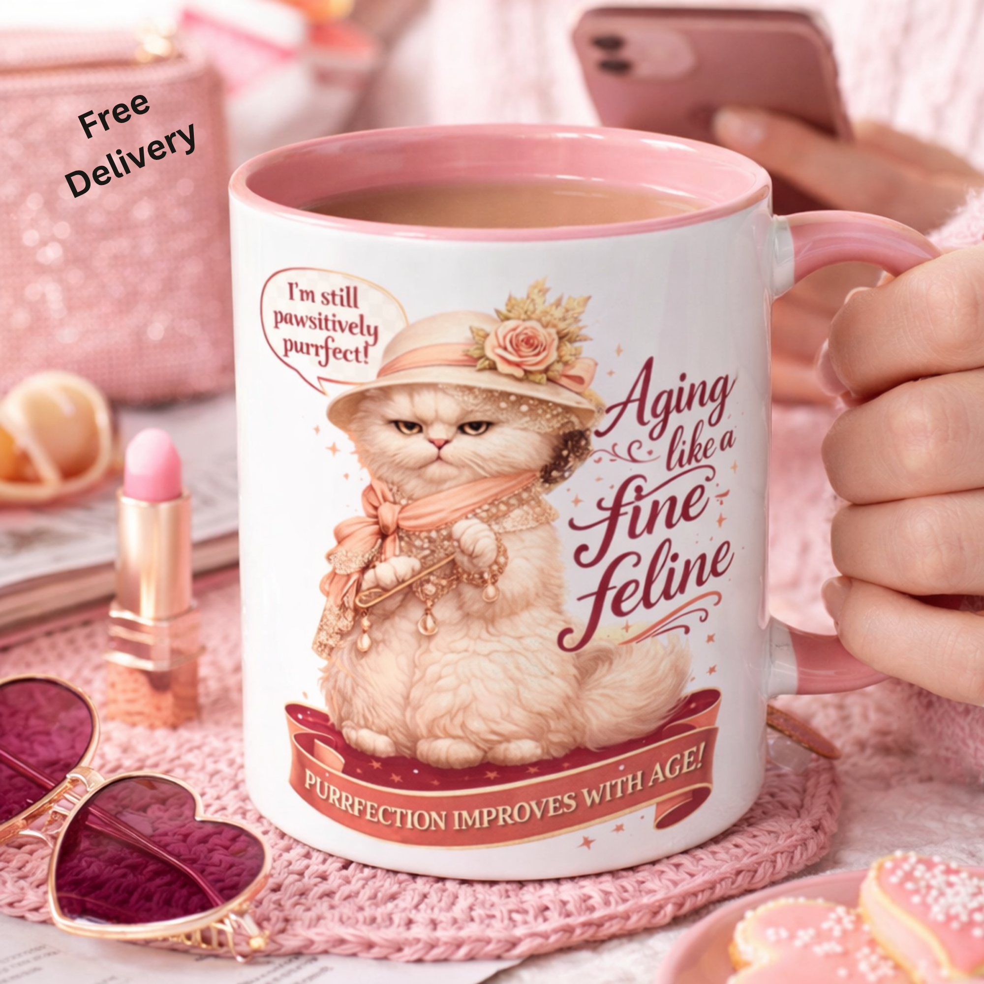 Glam Cat Accent Coffee Mug, Birthday Gift, Vintage Feline Cup, Gift for Cat Lovers, 11oz product thumbnail image