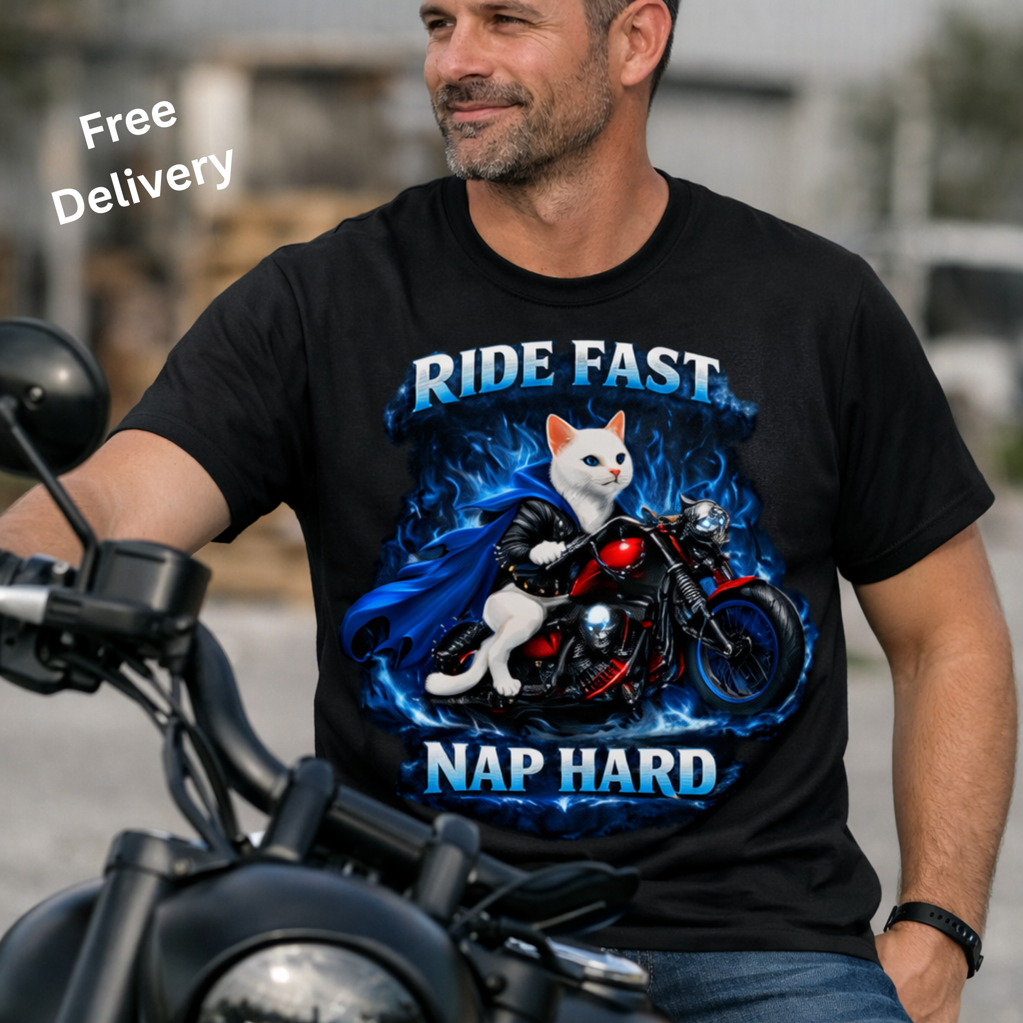 Flaming Motorcycle Cat Graphic T-Shirt, Life with Cats Motorbike Shirt, Biker Lover Fashion, Animal Lovers Unisex Tee