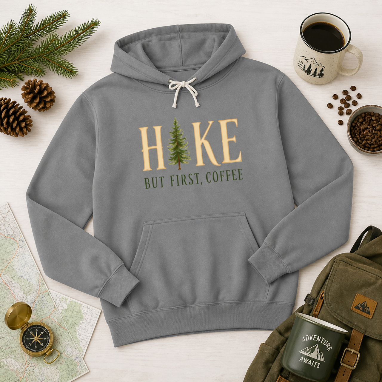 Hike But First, Coffee Hoodie — Cozy Outdoor Camping Pullover product thumbnail image