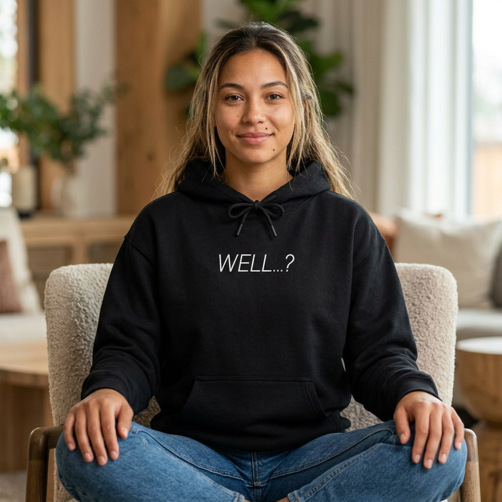 Well...? Hoodie — black hoodie, front: WELL...? / back: WHAT THE FUCK DO WE DO NOW?