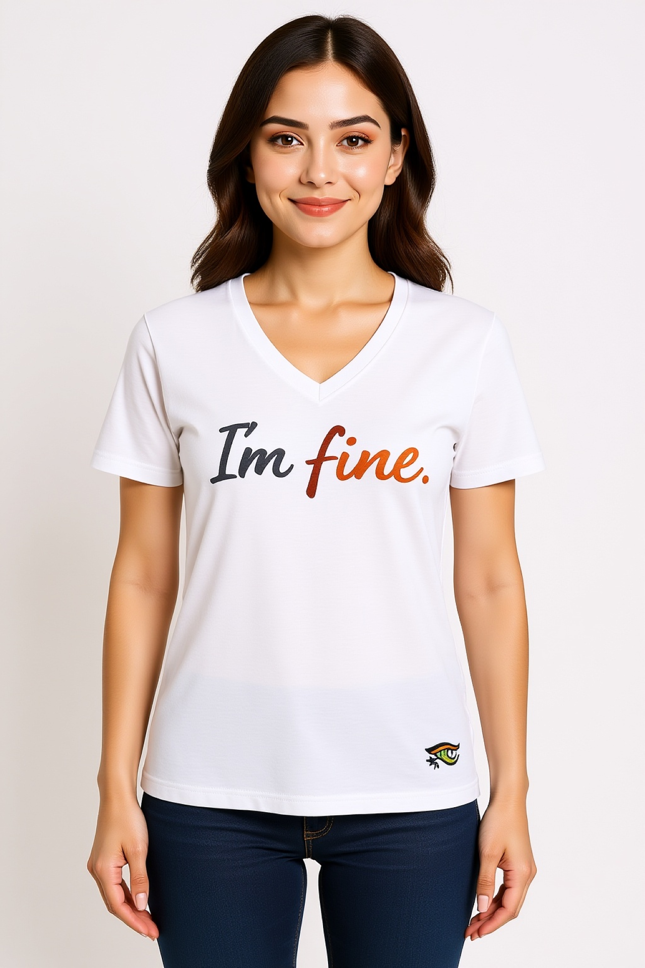 I'm Fine Tee — white V-neck, front: I'm fine. / back: KEEP IT MOVING.