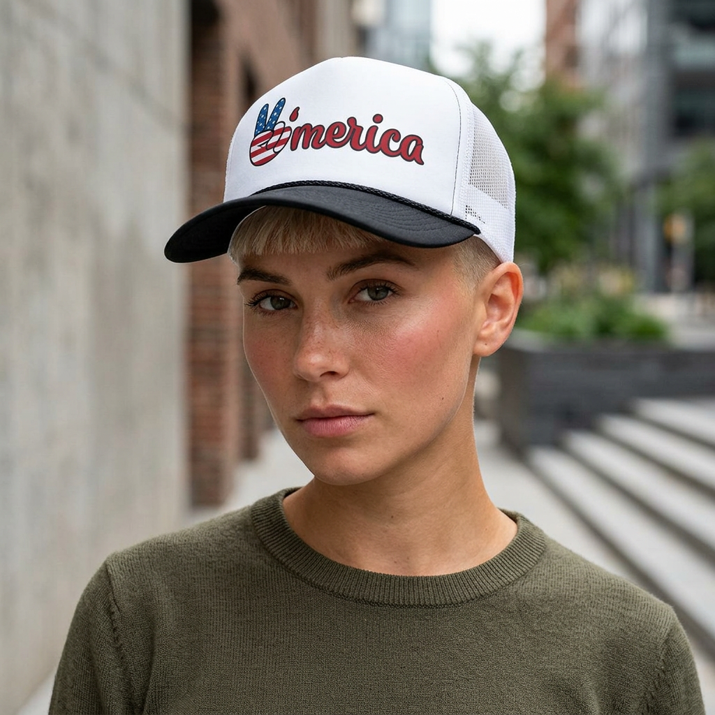 'Merica USA Flag Peace Sign Trucker Hat - Patriotic Fourth of July Cap