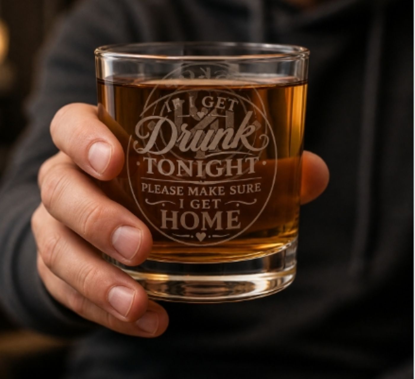 Engraved Whiskey Glass 10.5oz — “Drink Tonight” Vintage Style Bar Glass 