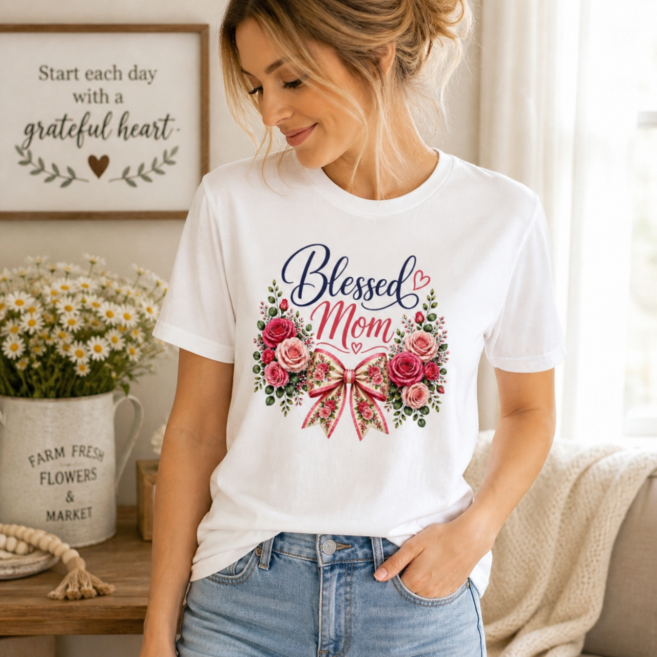Blessed Mom Roses T-Shirt | Christian Mom Shirt, Floral Faith Tee, Pink Rose Bow Shirt product thumbnail image