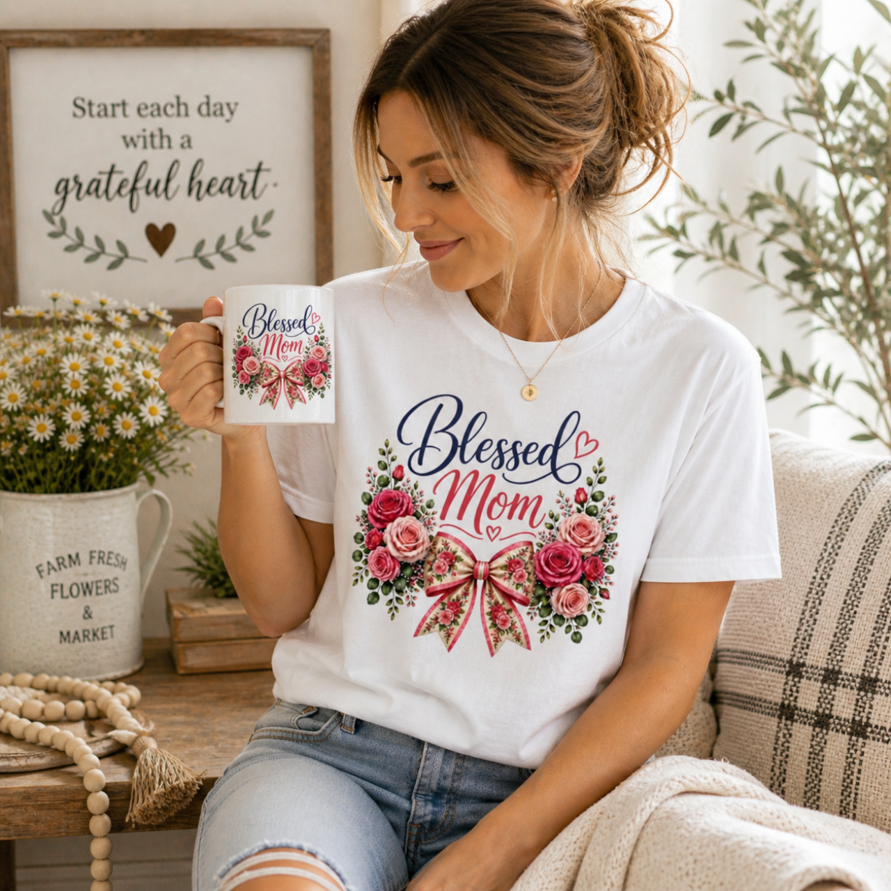 Blessed Mom Roses T-Shirt | Christian Mom Shirt, Floral Faith Tee, Pink Rose Bow Shirt product thumbnail image Blessed Mom Roses T-Shirt | Christian Mom Shirt, Floral Faith Tee, Pink Rose Bow Shirt product thumbnail image