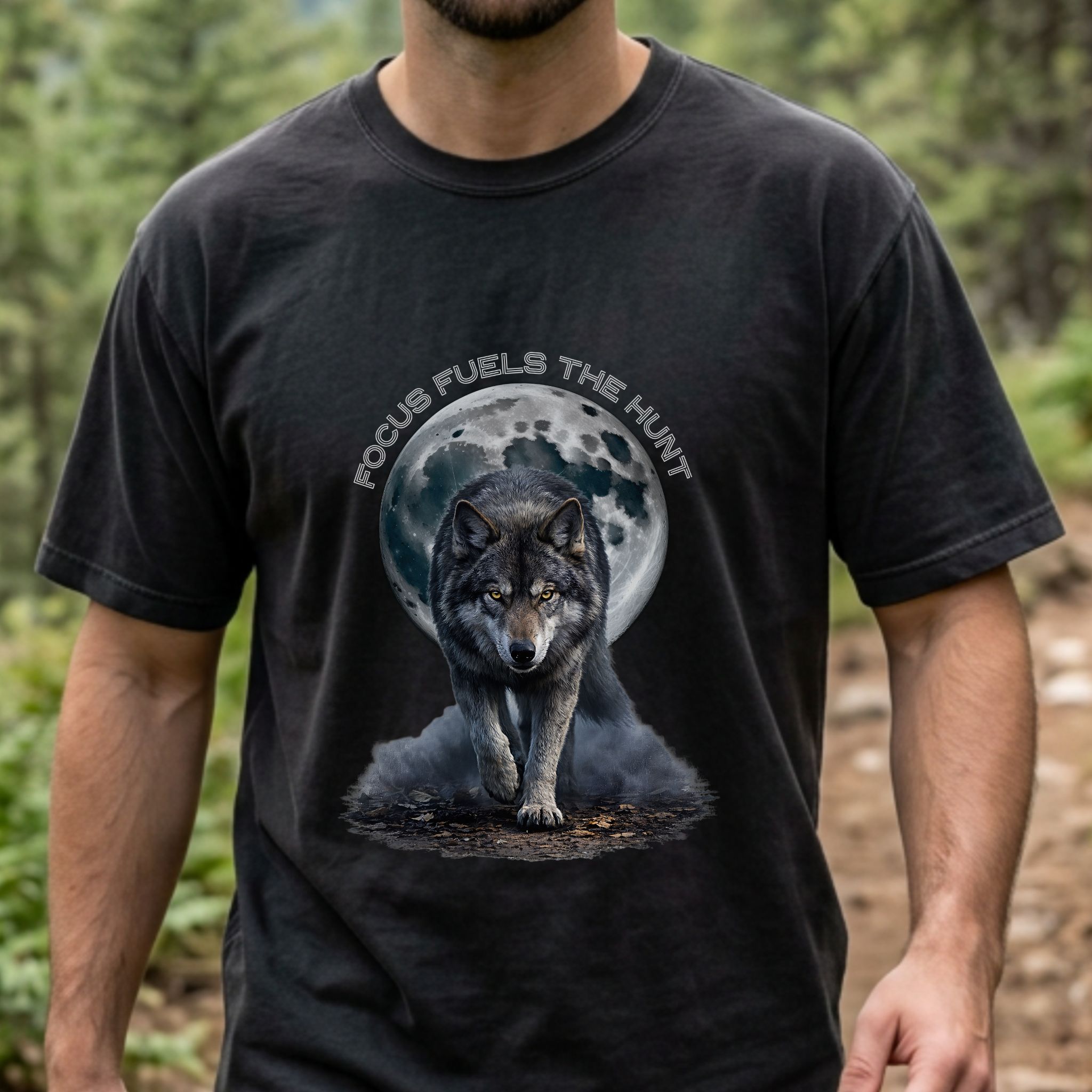 Focus Fuels The Hunt | Full Moon + Wolf Shirt - Motivational Graphic Tee (Comfort Colors 1717) product thumbnail image