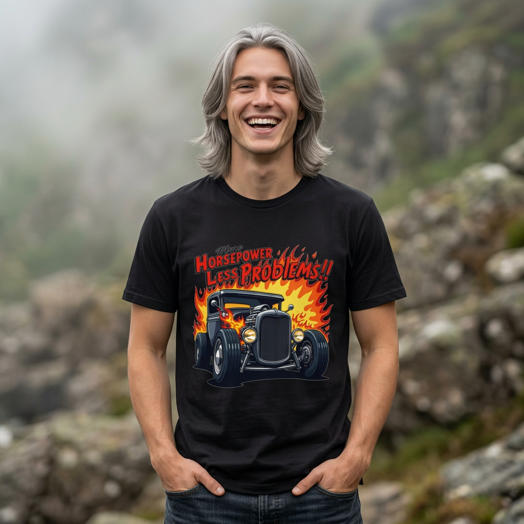 Hot Rod Flames T‑Shirt   "More Horsepower, Less Problems" Vintage Car Tee