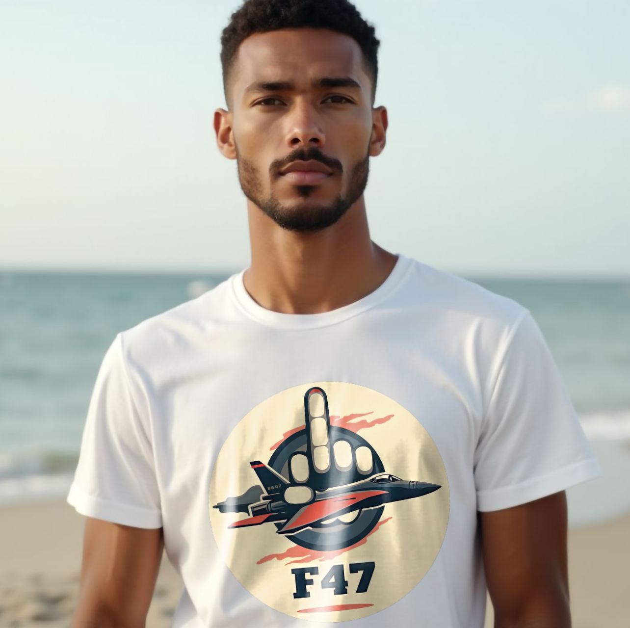 F47 Fighter Jet Middle Finger Anti Trump Unisex Tee, Political Satire T-Shirt, Future Retro Aircraft Shirt, Rebellious Graphic Tee, Clever product thumbnail image
