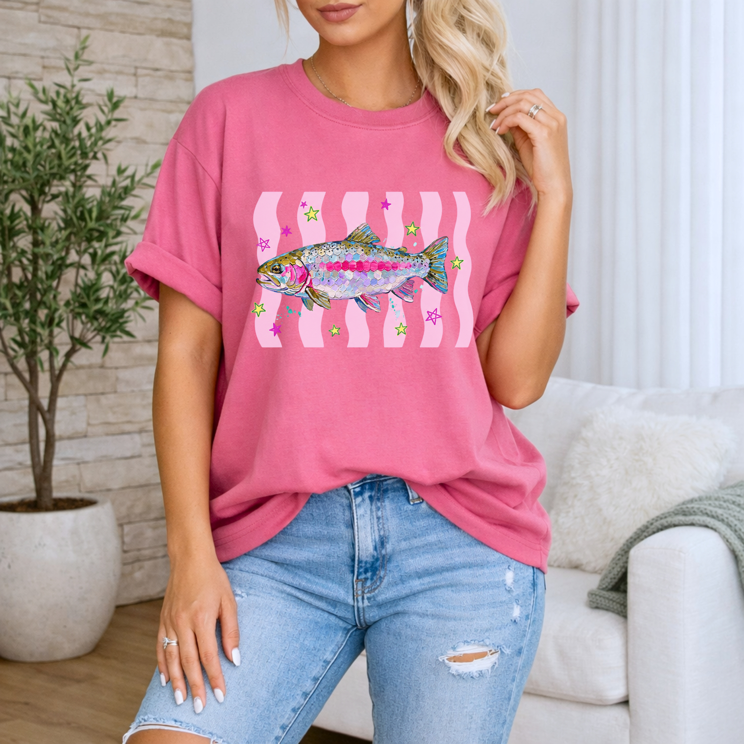 Colorful trout Graphic T-Shirt — Retro Wavy Stripes &amp; Star Design