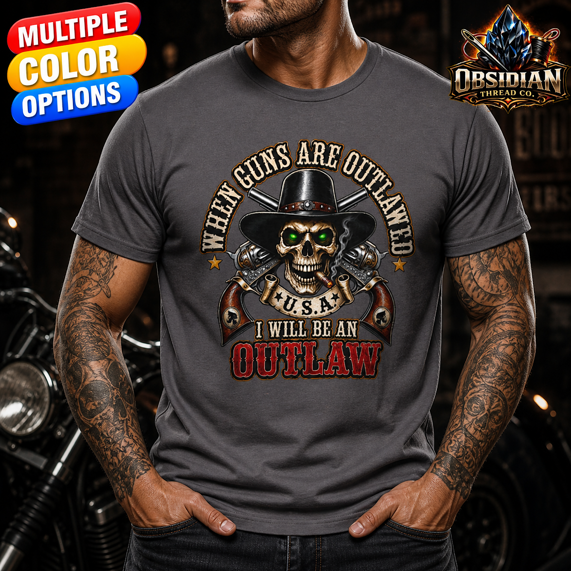 Outlaw Skull Biker T-Shirt USA Guns Tactical Cowboy Graphic Tee No Harley product thumbnail image
